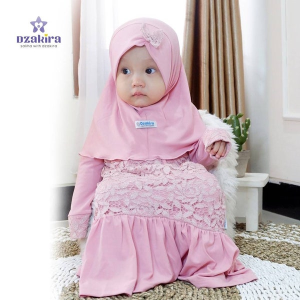 Ensemble abaya renda dzakira pour bébé ou enfant, robe et hijab nouveau-né - 4 ans rose poudré