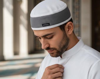 Chapéu kufi masculino para oração, chapéu muçulmano da série Maheer, branco e cinza.