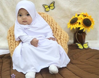 Baby or children abaya  sets  KIA outfit daily dress and hijab 0 - 3 years old white colour