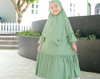 Terno de roupão para meninas de 1 a 6 anos, francês khimar YUMNA Sage cor verde