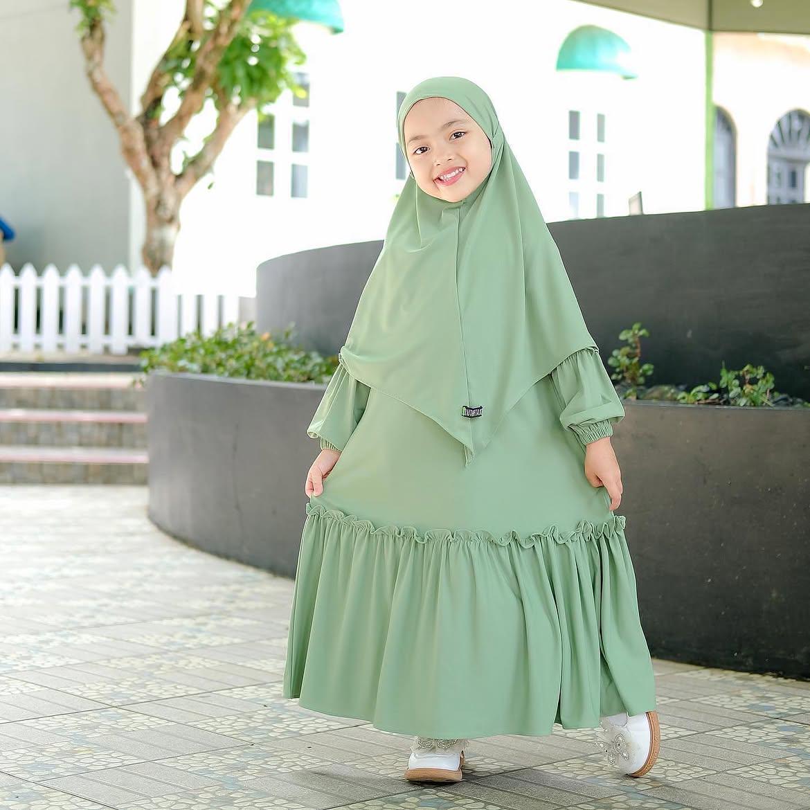 1 to 6 years girls robe suit, french khimar YUMNA Sage green colour