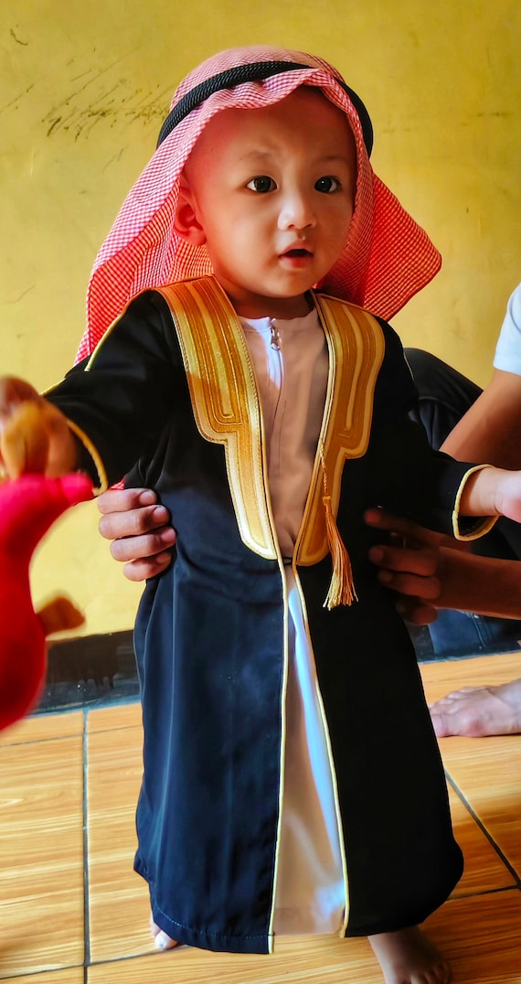 baby abayas, baby bisht arabic luxury full sets, Black line gold baby prayer clothes
