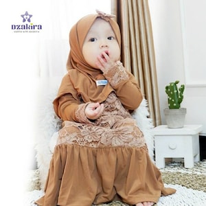 Baby or children abaya renda dzakira sets dress and hijab new born - 4 years old mocca colour