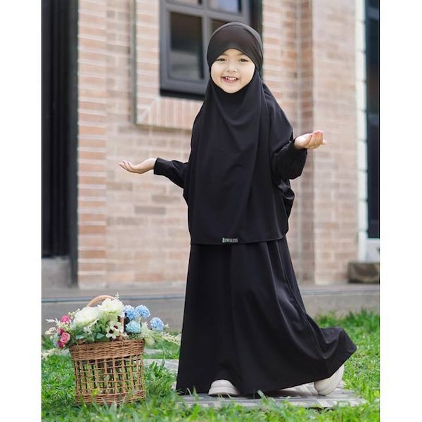 1 to 6 years French khimar girls robe suit, can be used as a veil, french khimar aisyah black color