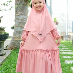 1 to 6 years girls robe suit, french khimar YUMNA White colour dusty peach