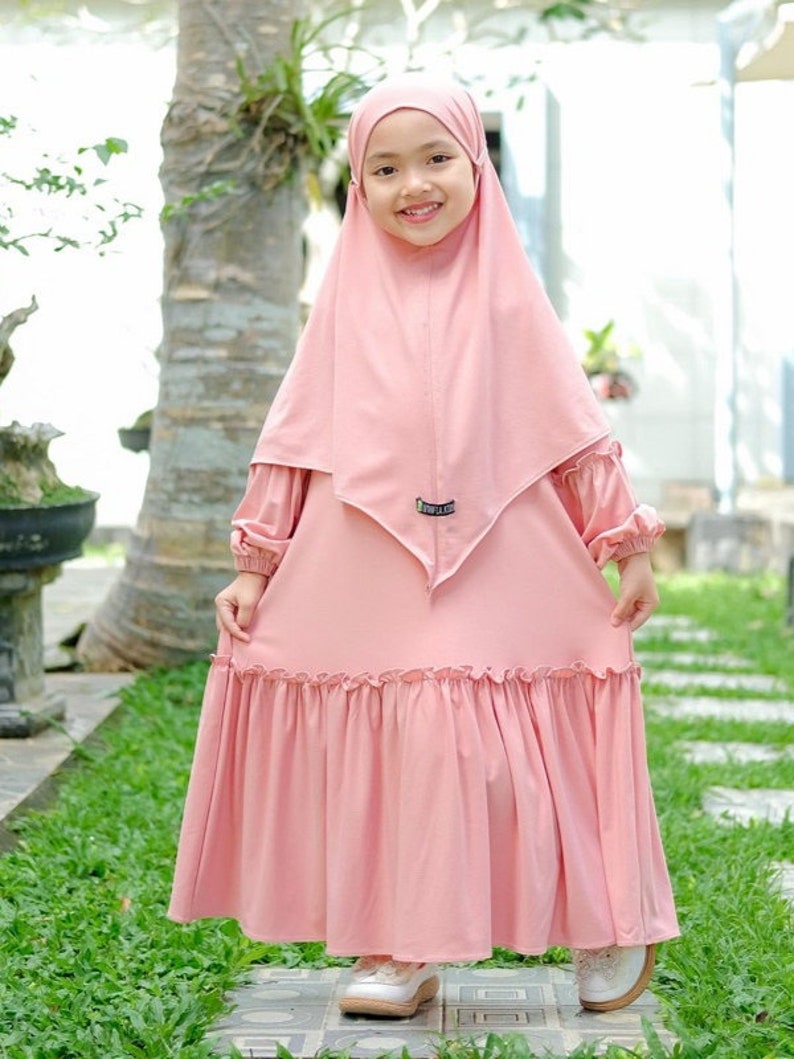 1 to 6 years girls robe suit, french khimar YUMNA White colour dusty peach