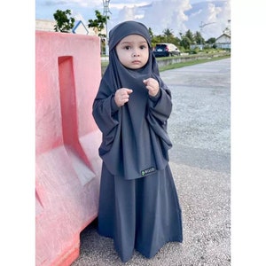 1 to 6 years French khimar girls robe suit, can be used as a veil, french khimar aisyah pink color Dark grey