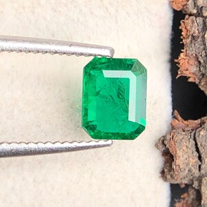 Op de afbeelding: Een heldergroene smaragd, geslepen in een smaragd-vorm, vastgehouden door een zilveren pincet. De edelsteen heeft zichtbare interne kenmerken. De achtergrond is een neutraal off-white, met een stuk getextureerde schors in de hoek.