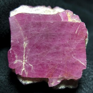 May include: A vibrant, pink mineral specimen with a rectangular shape. The crystal displays a rich, saturated color and a textured surface. The mineral sits on a white and gray base, creating a striking contrast.