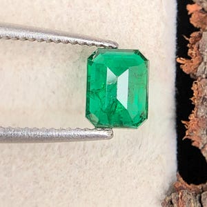 Op de afbeelding: Een levendige, rechthoekige smaragd, vastgehouden door een zilveren pincet. De smaragd heeft een diepgroene tint en een facetgeslepen snede, die het licht reflecteert. De edelsteen wordt gepresenteerd tegen een neutrale achtergrond, wat de helderheid en kleur benadrukt.
