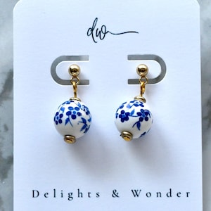 Blue and White Floral Ceramic Bead Earrings with Gold Plated Posts