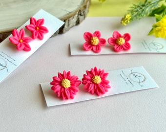 Clip-on Flower Earrings: Pink Polymer Clay Floral Studs