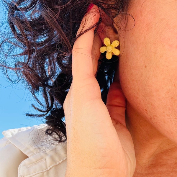 Pale Yellow and Blue Small Flower Polymer Clay Earrings