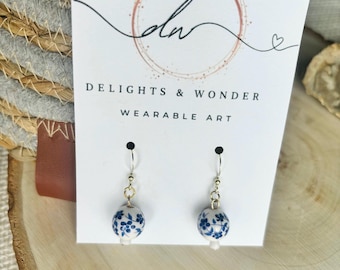 Ceramic Blue Flower Earrings: Sterling Silver Plated Jewelry