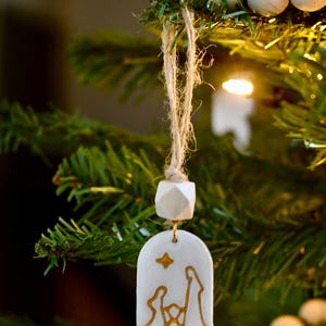 Nativity Ornament, Minimalist White and Gold Christian Christmas Gift