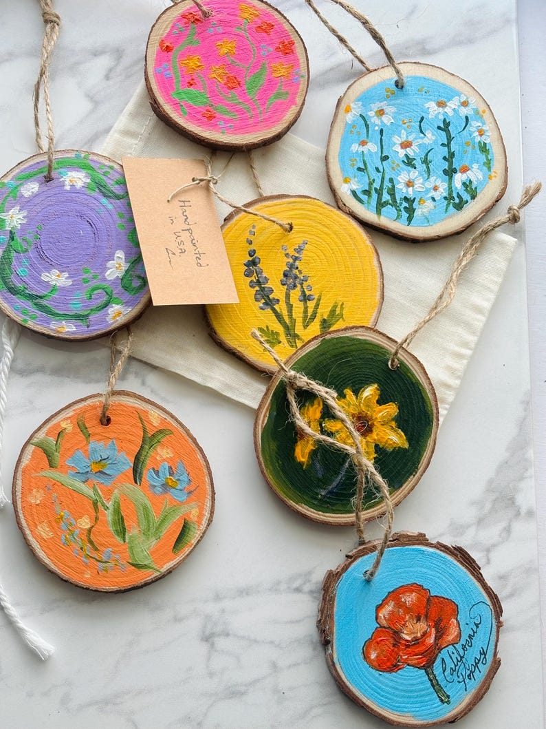 Handpainted Wood Flower Ornaments Painted Flowers Flower Ornaments Home