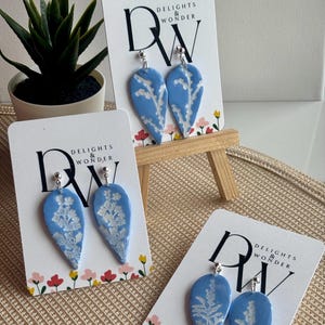 Pressed Botanical Teardrop Earrings | Blue and White Nature-Inspired Jewelry | Handmade Polymer Clay Earrings