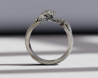 Anillo de la Gran Ola de Kanagawa para hombre: alianza de boda con arte japonés en plata de ley