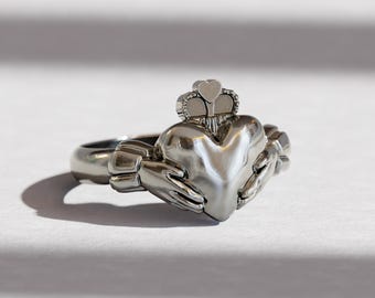 Claddagh Ring - Love Heart Silver & Gold Celtic Engagement Crown Ring - Traditional Irish Friendship Jewelry
