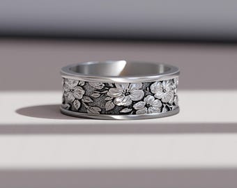 Sakura Flower Ring for Men in Sterling Silver – Japanese Cherry Blossom Wedding Band