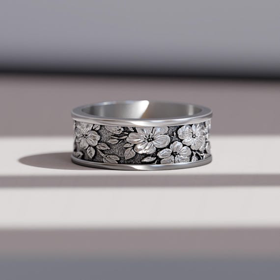 スターリングシルバー製メンズ用桜フラワーリング - 日本の桜の結婚