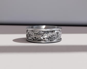 Anillo japonés de la Gran Ola para hombre en plata de ley – Alianza de boda Crashing Ocean