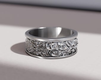 Anillo de plata de ley con ondas japonesas - Alianza de boda para hombre