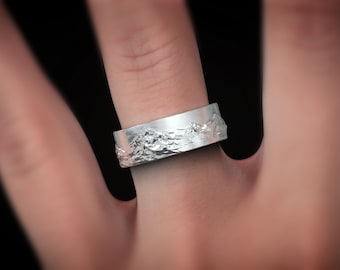 Mountain Band Ring For Men in Sterling Silver, Nature Wedding Ring to Family, Engraved Engagement Ring, Unique Promise Ring, Birthday Gift