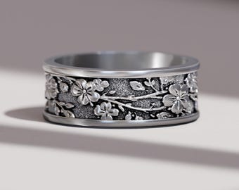 Sakura Branch Ring for Men in Sterling Silver – Japanese Cherry Blossom Wedding Band