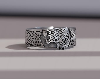 Fenrir Wolf Ring for Men in Sterling Silver – Viking Knotwork Band