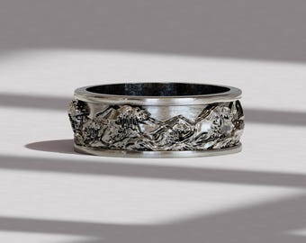 Anillo de la Gran Ola para hombre en plata de ley – Alianza de boda con ondas de arte japonés Hokusai