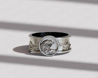 Anillo de la Gran Ola en plata de ley: anillo de bodas de arte japonés para hombre