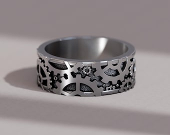 Steampunk Gear Ring for Men in Silver– Mechanical Band Ring