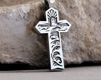 Leuchtturm-Kreuz-Anhänger aus Sterlingsilber – Halskette „Leuchtendes Licht, Ozean, Glaube“