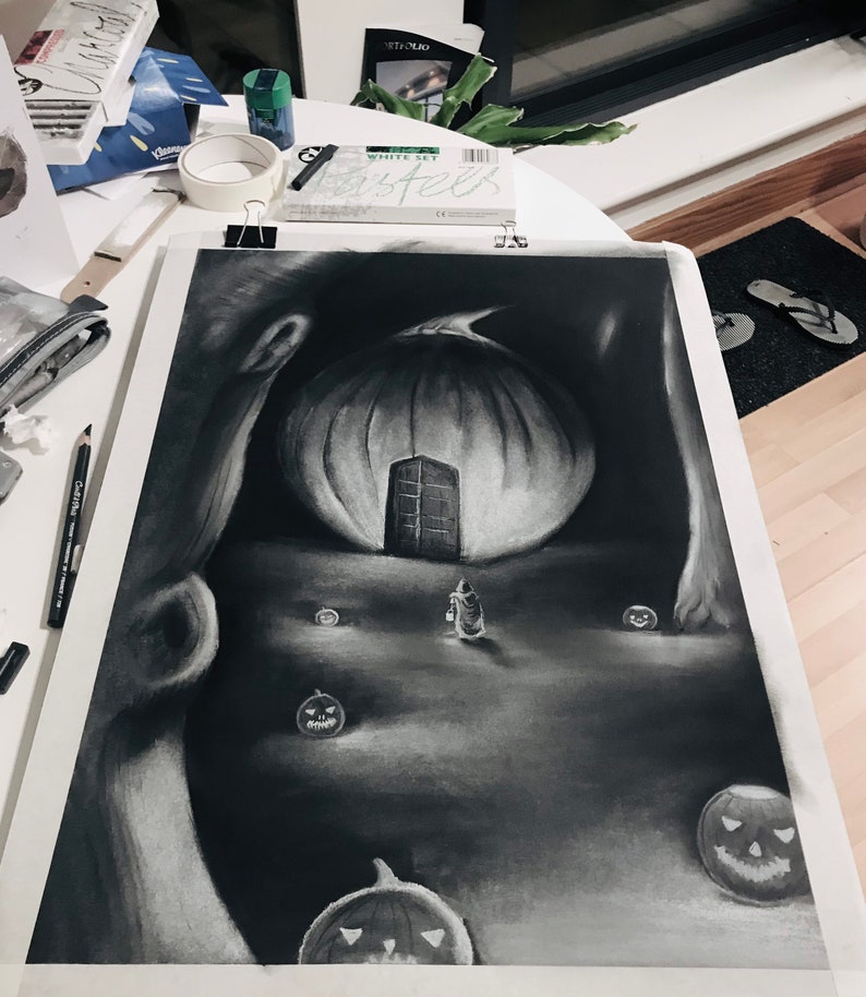 Charcoal Drawing Artwork on Black Paper 16.5 X 23.4 Inches Etsy