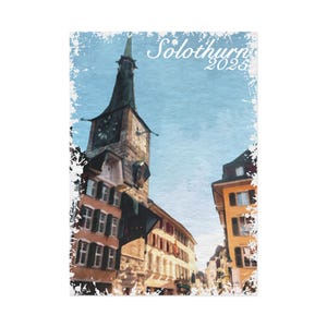 postale de Soleure Suisse | Impression d'art aquarelle historique de la tour de l'horloge | Souvenir de voyage suisse | Carte postale européenne de style vintage