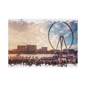 Cartolina del tramonto di Dubai / Stampa ad acquerello della ruota panoramica di Ain Dubai / Arte murale di viaggio / Souvenir da spiaggia / Cartolina moderna per viaggiatori