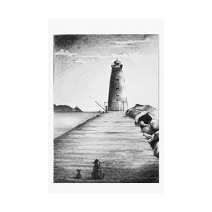 Poolbeg Lighthouse Dublin Art Print | Irish Coastal Decor with Cat and Dog | Black and White Landscape | Ireland Gift