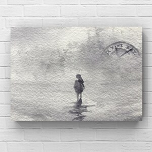 May include: A watercolour painting of a solitary figure standing in a misty landscape, with a clock face in the background.