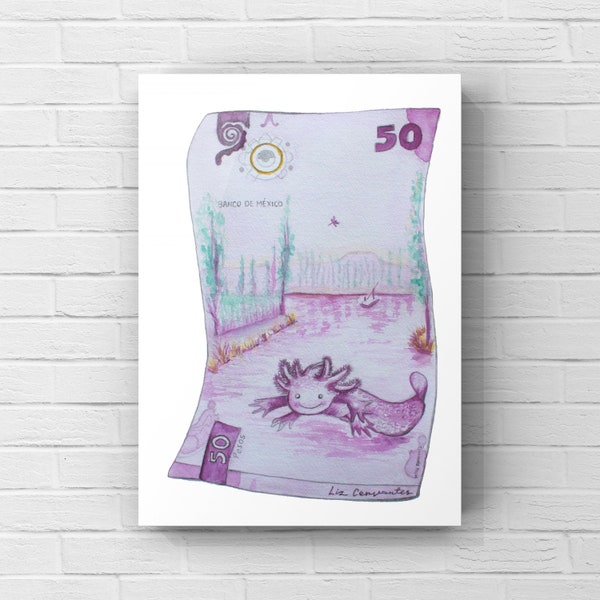 Billete 50 Ajolote Acuarela Watercolor  (glows with black light) - PRINT - A5 (4.7x7 inches, 12X17.7 cm)