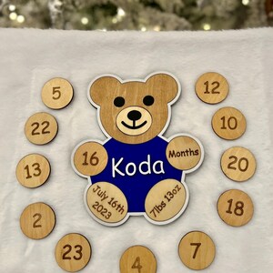 Gepersonaliseerde maandelijkse mijlpaalteddybeer | Verwisselbaar acryl naambordje | 0-24 maanden aandenken met geboortedatum en gewicht