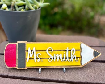 Personalized Wooden Pencil Name Sign for Teachers – Custom Laser Gift