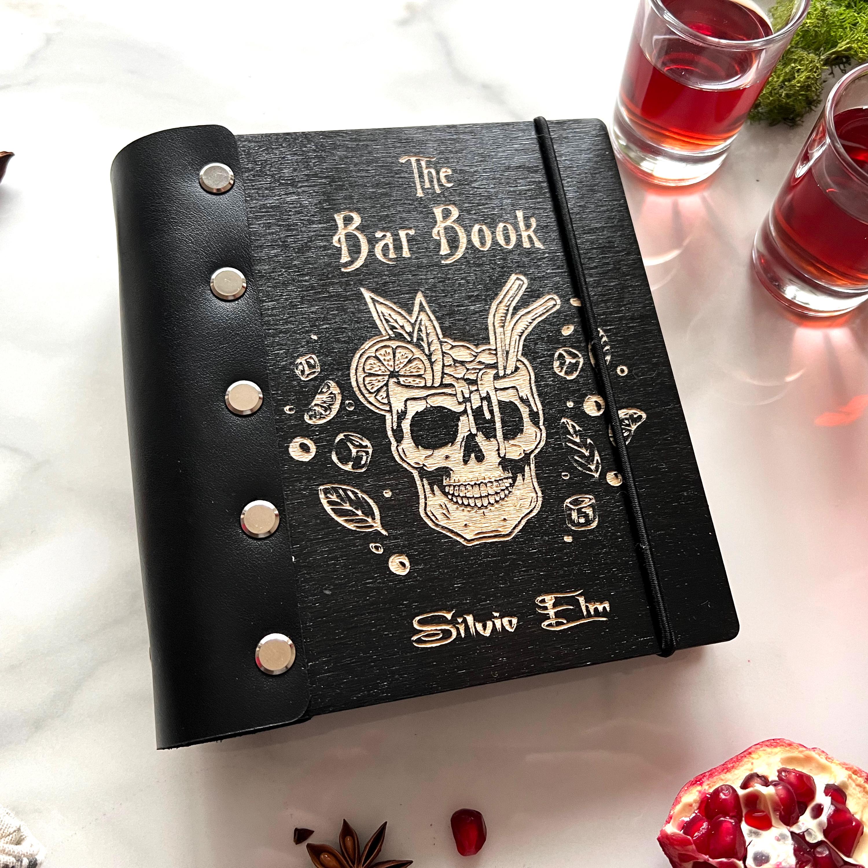 Personalized blank cocktail recipe book Wooden cocktail Bar book bartender Leather Family Delicious drink Gothic recipe book for bar Skull