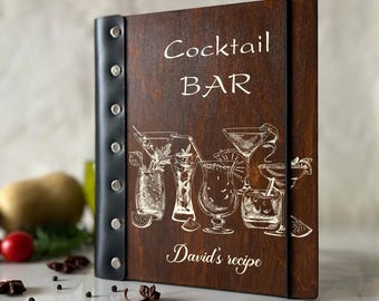 Personalized blank cocktail recipe book Wooden cocktail Bar book bartender Wood Leather Family Delicious drink Cocktail recipe book for bar