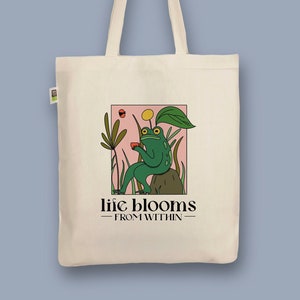 Handbedruckter Bio-Jutebeutel „Life Blooms“ Stoffbeutel aus Biobaumwolle als Einkaufsbeutel Tasche oder Geschenk für Freundin Freund
