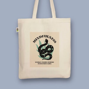 Handbedruckter Bio-Jutebeutel „Schlange Mindfulness“ Stoffbeutel aus Biobaumwolle als Einkaufsbeutel Tasche oder Geschenk für Freundin