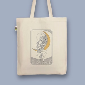 Handbedruckter Bio-Jutebeutel „Mondfrau Tarot“ Stoffbeutel aus Biobaumwolle als Einkaufsbeutel Tasche oder Geschenk für Freundin Freund