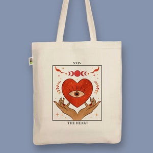 Hand-printed organic jute bag “Heart Tarot Card”