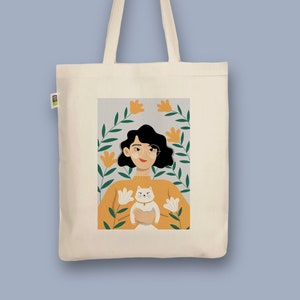 Hand-printed organic jute bag “Girl with Cat”