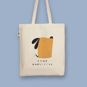 Handbedruckter Bio-Jutebeutel „Hund - pawsitive“ Stoffbeutel aus Biobaumwolle als Einkaufsbeutel Tasche oder Geschenk für Freundin Freund